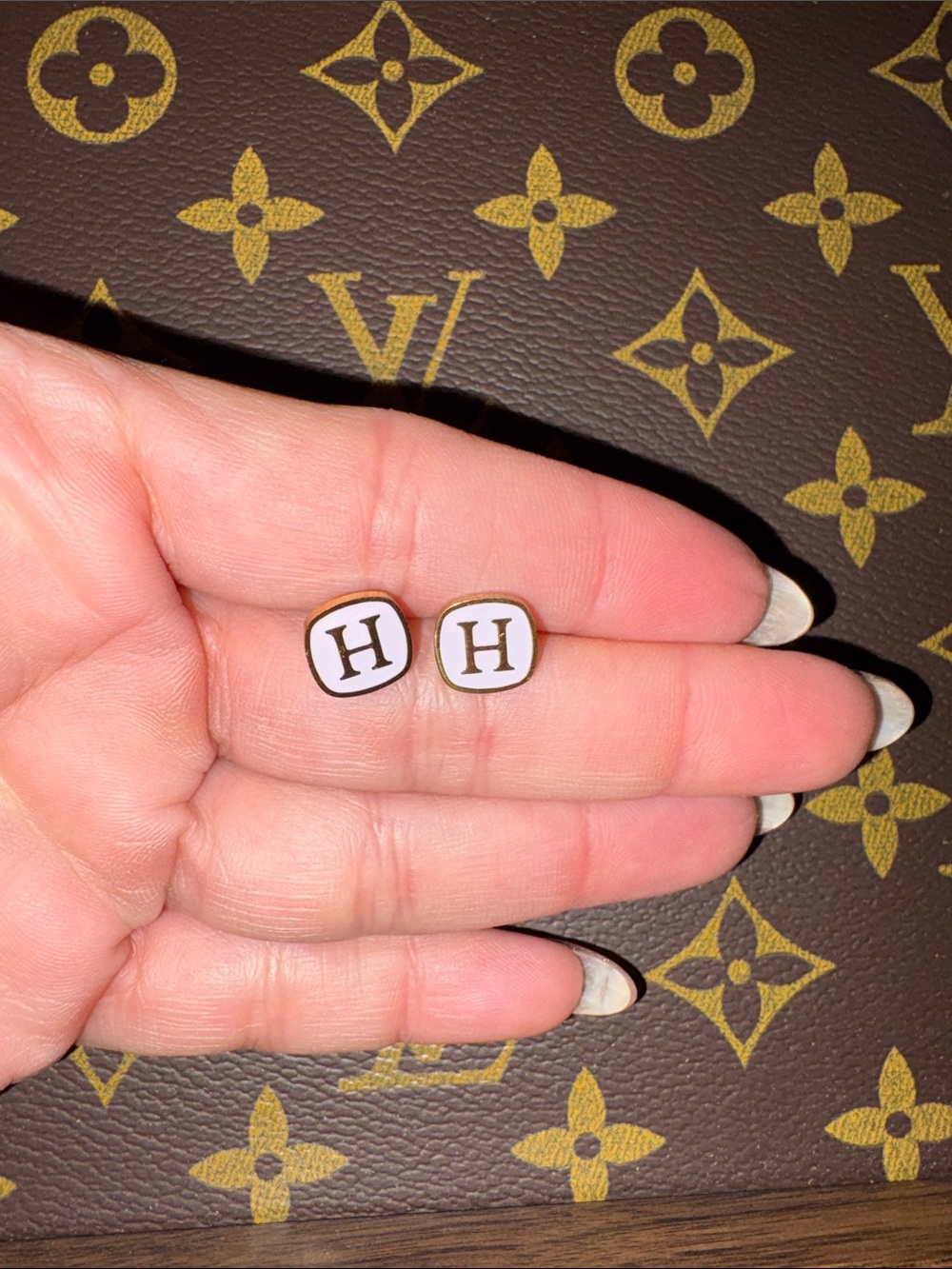 White and Gold  H Stud Earrings